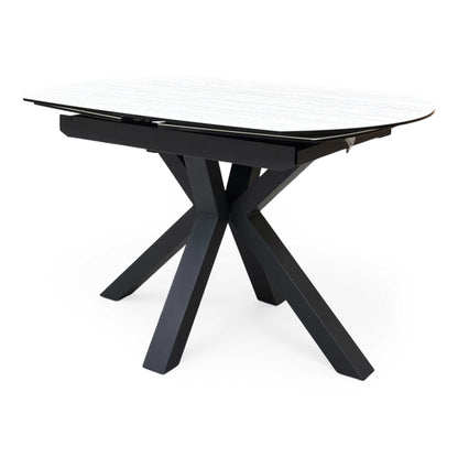 ‘Raul’ Travertine Ceramic Top 120cm Swivel Extending Dining Table with Stone Grey Fabric Set of 4 Swivel Dining Chairs