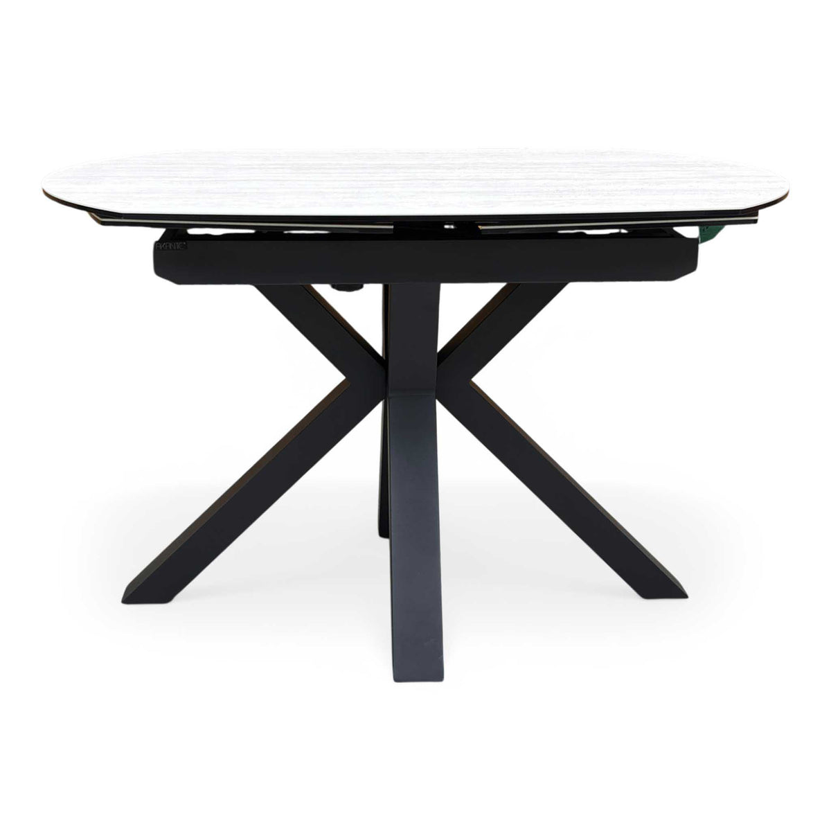‘Raul’ Travertine Ceramic Top 120cm Swivel Extending Dining Table with Stone Grey Fabric Set of 4 Swivel Dining Chairs