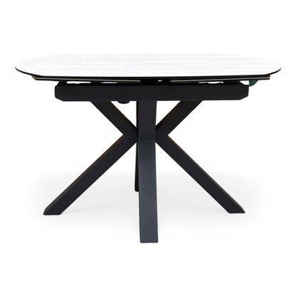 ‘Raul’ Travertine Ceramic Top 120cm Swivel Extending Dining Table with Stone Grey Fabric Set of 4 Swivel Dining Chairs