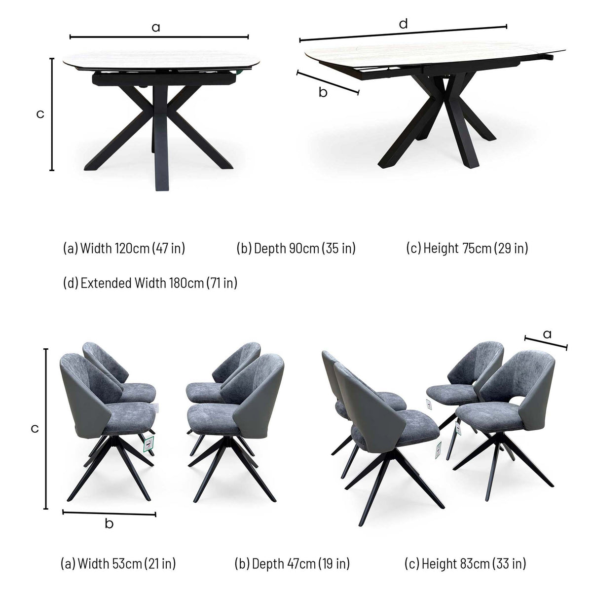 'Raul' Travertine Ceramic Top 120cm Swivel Extending Dining Table + G6 Anthracite Grey Faux Leather Chairs X 4
