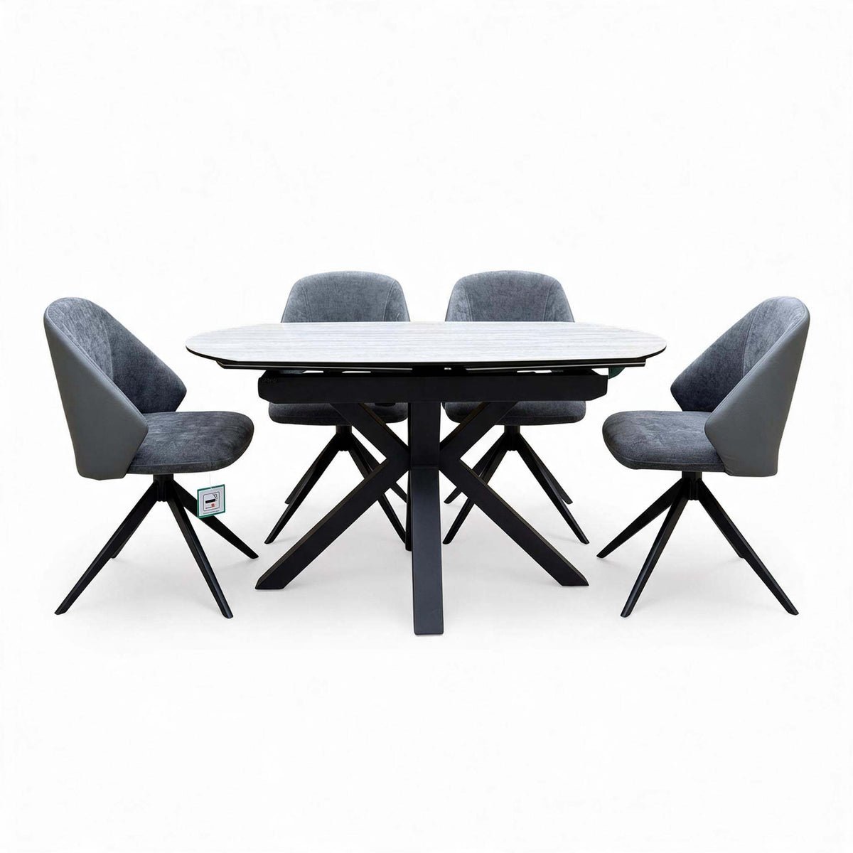 'Raul' Travertine Ceramic Top 120cm Swivel Extending Dining Table + G6 Anthracite Grey Faux Leather Chairs X 4