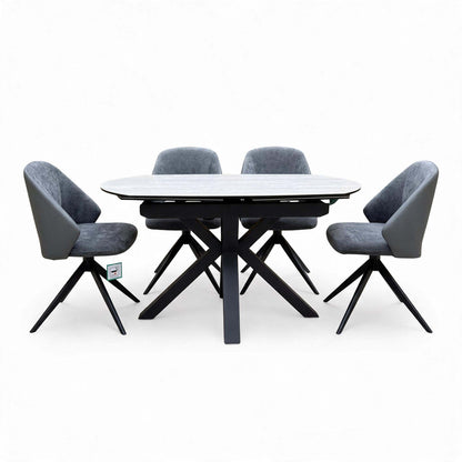 'Raul' Travertine Ceramic Top 120cm Swivel Extending Dining Table + G6 Anthracite Grey Faux Leather Chairs X 4