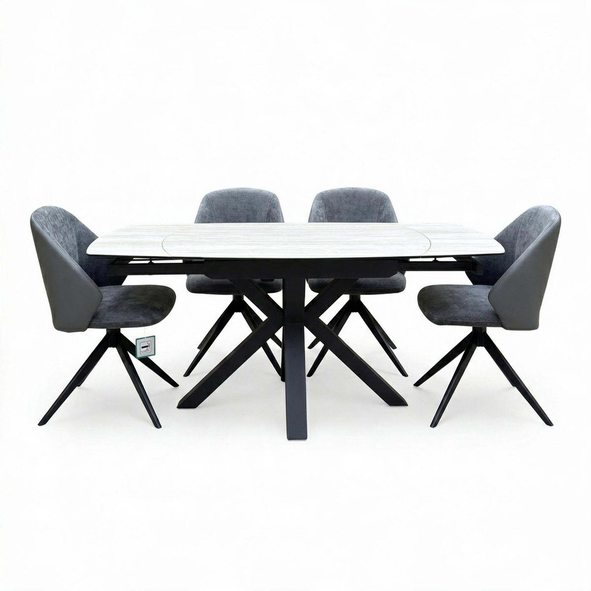 'Raul' Travertine Ceramic Top 120cm Swivel Extending Dining Table + G6 Anthracite Grey Faux Leather Chairs X 4