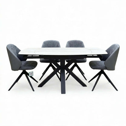 'Raul' Travertine Ceramic Top 120cm Swivel Extending Dining Table + G6 Anthracite Grey Faux Leather Chairs X 4