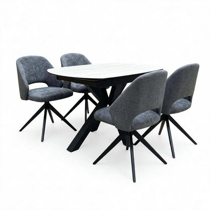 'Raul' Travertine Ceramic Top 120cm Swivel Extending Dining Table + G6 Anthracite Grey Faux Leather Chairs X 4