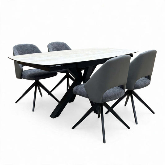 'Raul' Travertine Ceramic Top 120cm Swivel Extending Dining Table + G6 Anthracite Grey Faux Leather Chairs X 4