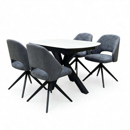 'Raul' Travertine Ceramic Top 120cm Swivel Extending Dining Table + G6 Anthracite Grey Faux Leather Chairs X 4
