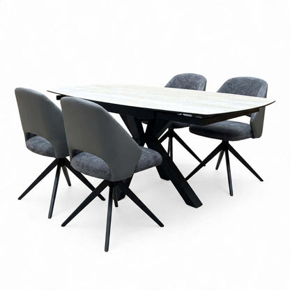 'Raul' Travertine Ceramic Top 120cm Swivel Extending Dining Table + G6 Anthracite Grey Faux Leather Chairs X 4