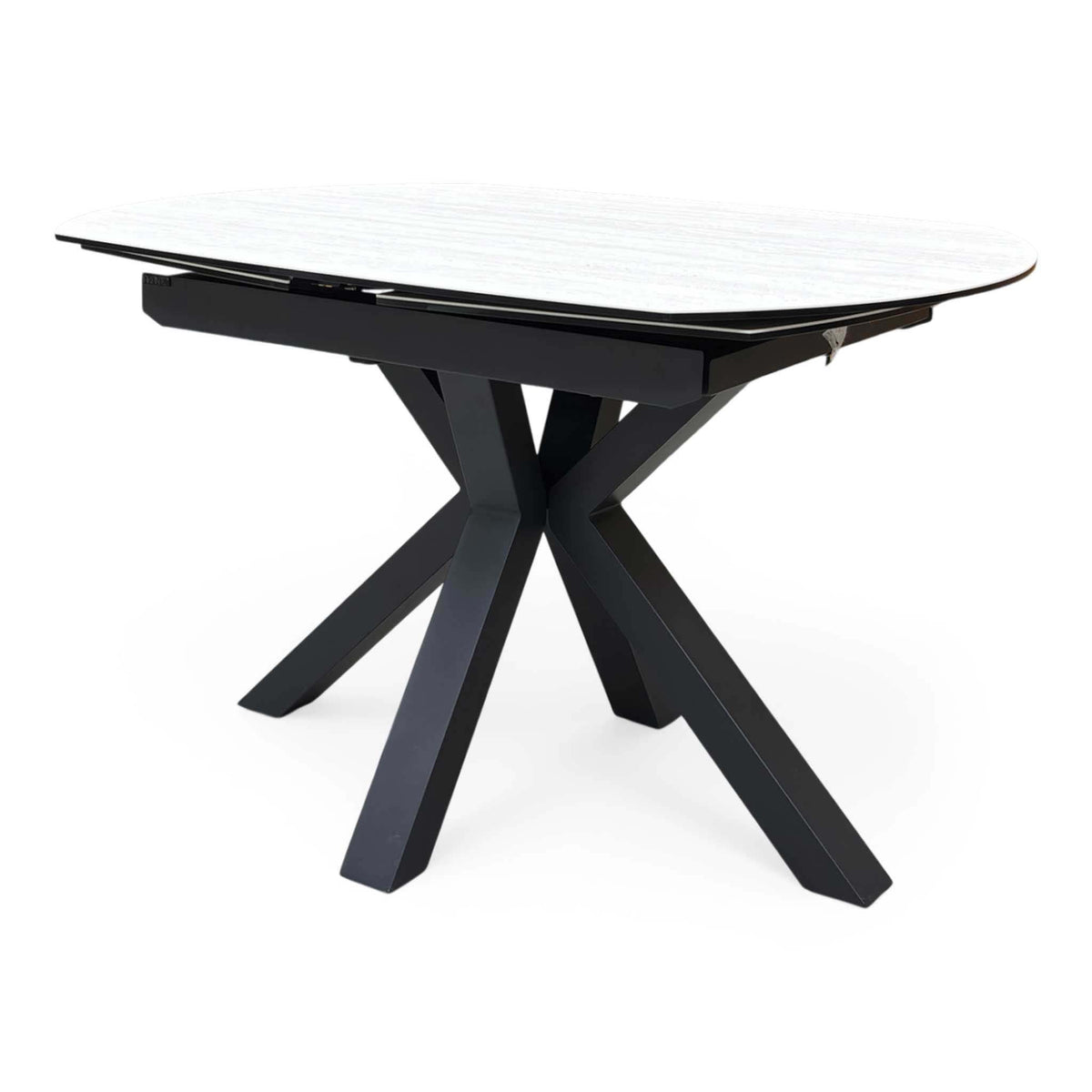 'Raul' Travertine Ceramic Top 120cm Swivel Extending Dining Table + G6 Anthracite Grey Faux Leather Chairs X 4