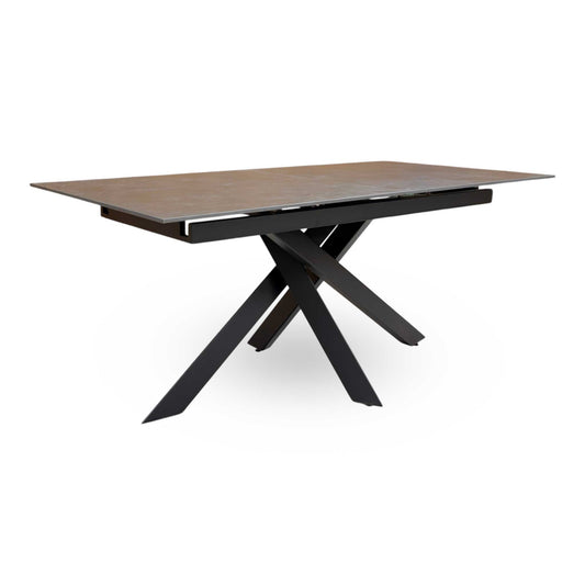 Full view of Warrior Grey Sintered Stone 180cm extending dining table with a grey matt industrial finish and black asymmetric metal base.