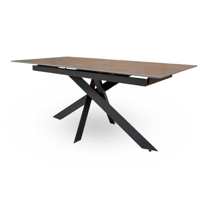 Side profile of the table demonstrating the sleek, tough sintered stone surface and sturdy leg construction.