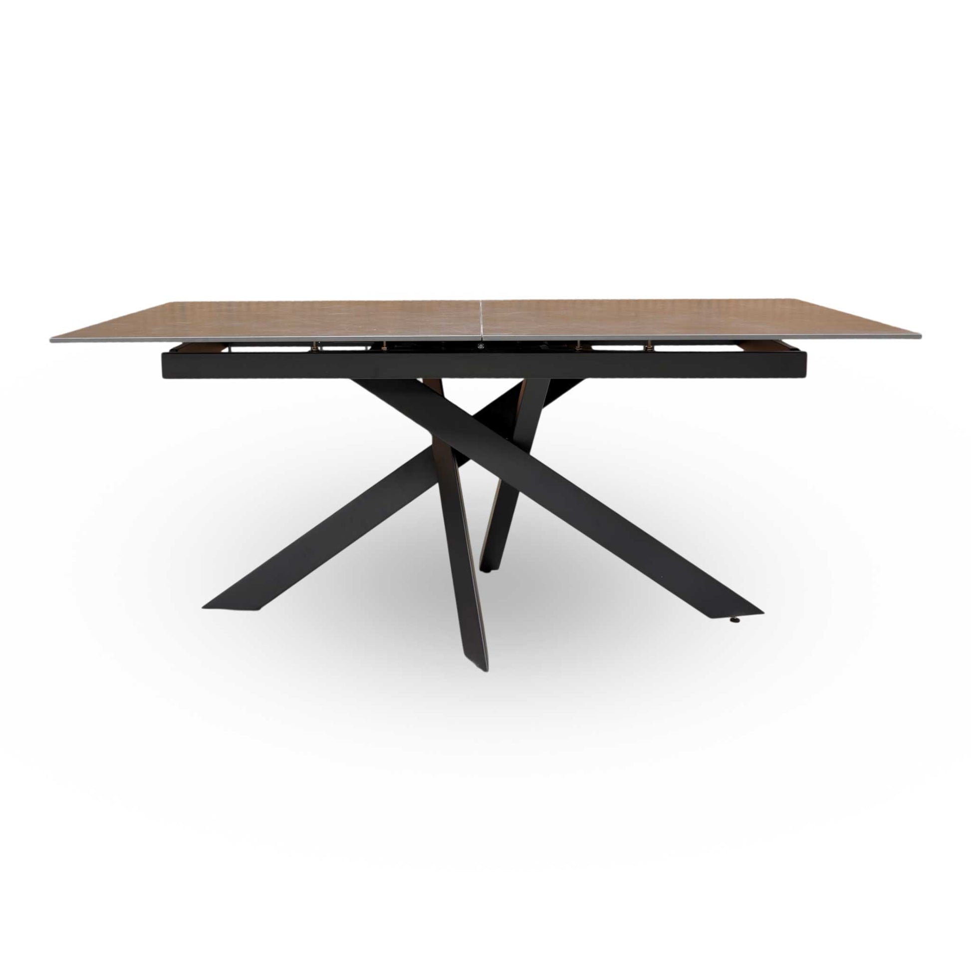 front view of The Warrior dining table fully extended to 220cm, illustrating the hidden pop-up leaf mechanism.