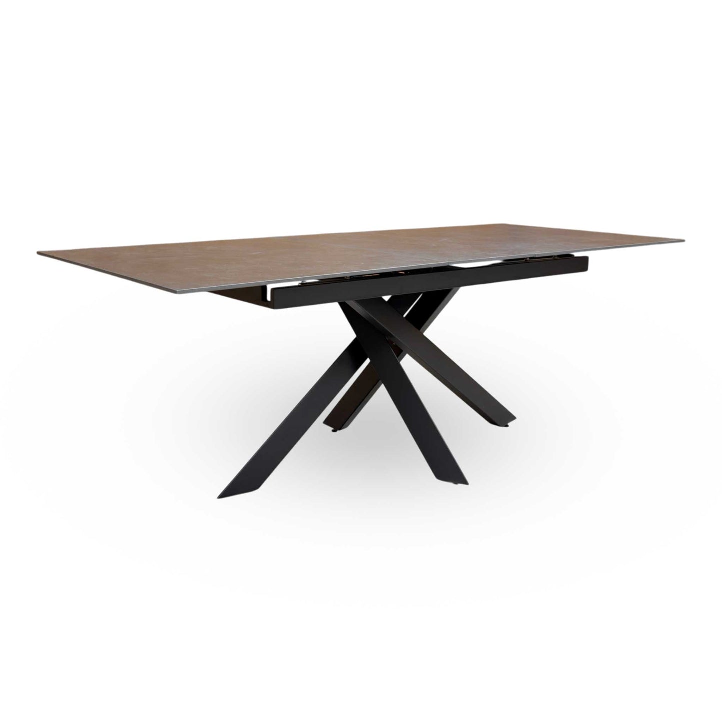 Side profile of the table demonstrating the sleek, tough sintered stone surface and sturdy leg construction.