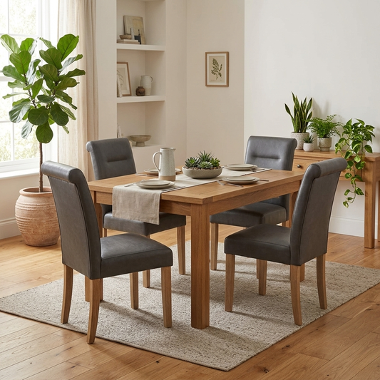 Living room view of the Lewis dining chair showcasing the classic rolled top and buttoned upholstery design.
