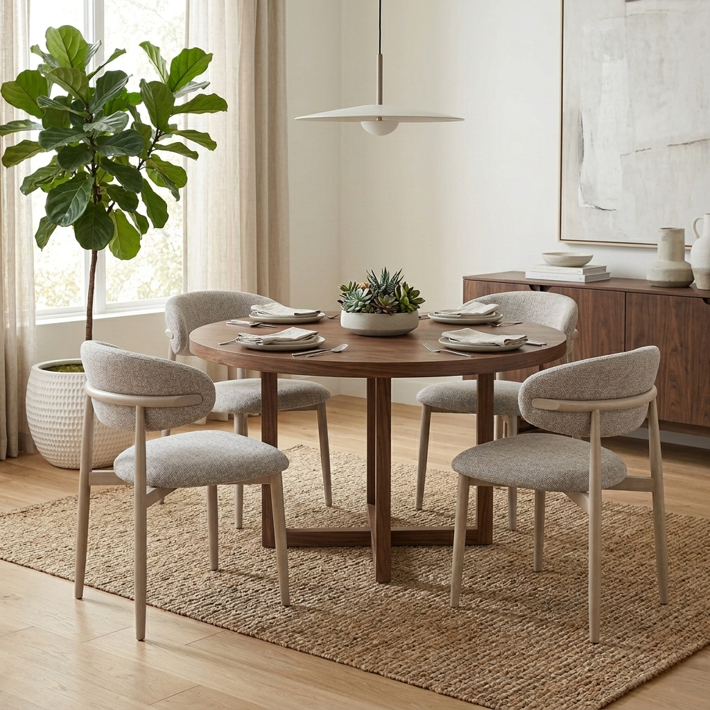 Living room of a perspective shot of the Aimar oatmeal chair showing the ergonomic wrap-around backrest and padded seat.