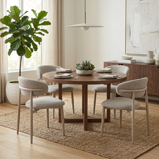 Living room of a perspective shot of the Aimar oatmeal chair showing the ergonomic wrap-around backrest and padded seat.