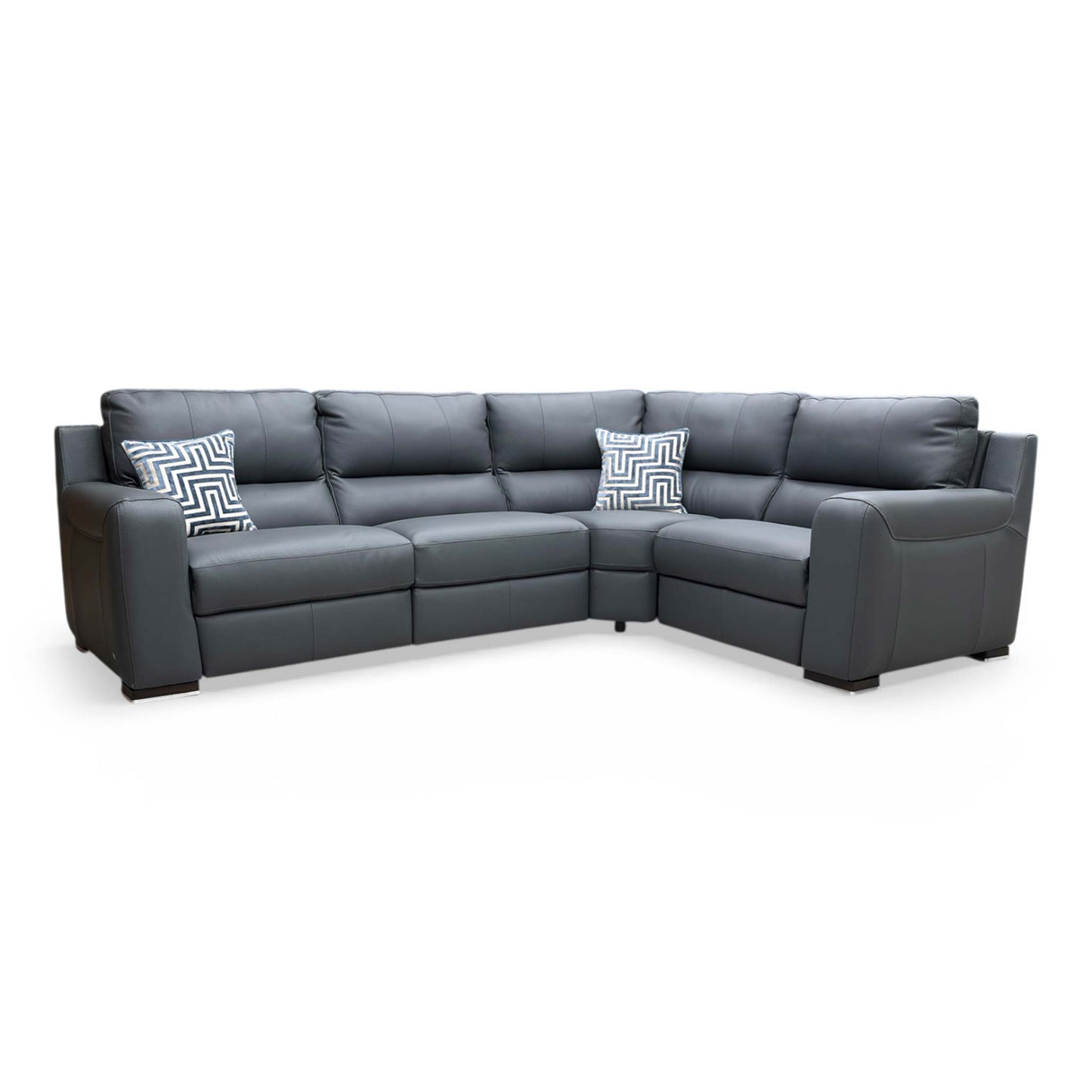 Full view of Furniture Village ‘Viali’ Verona small right-hand facing power recliner corner sofa in premium petrol blue leather.
