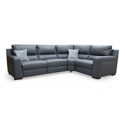 Full view of Furniture Village ‘Viali’ Verona small right-hand facing power recliner corner sofa in premium petrol blue leather.