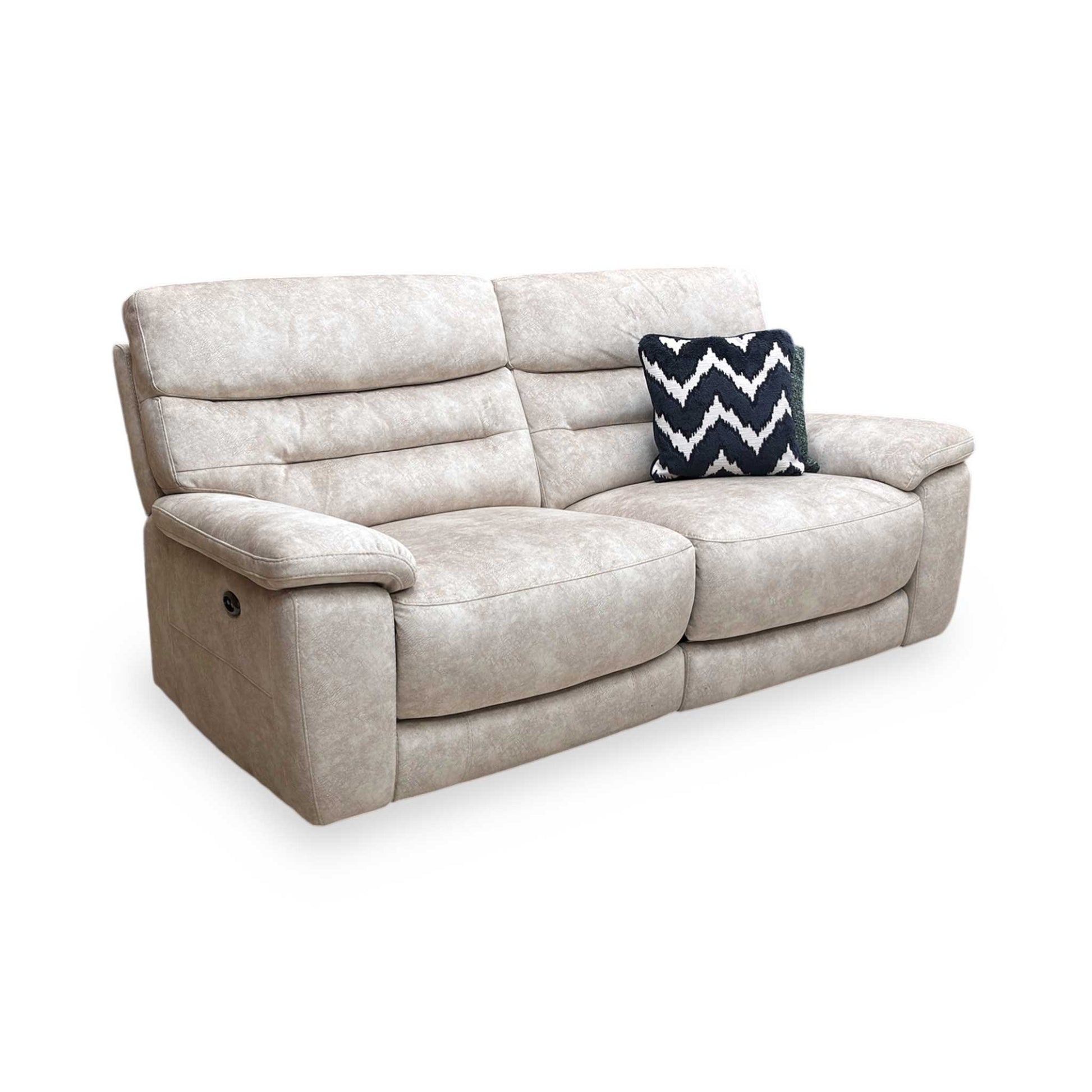 Side view of the Nimbus sofa, emphasizing the high-quality cream velvet upholstery and sophisticated curved armrests.