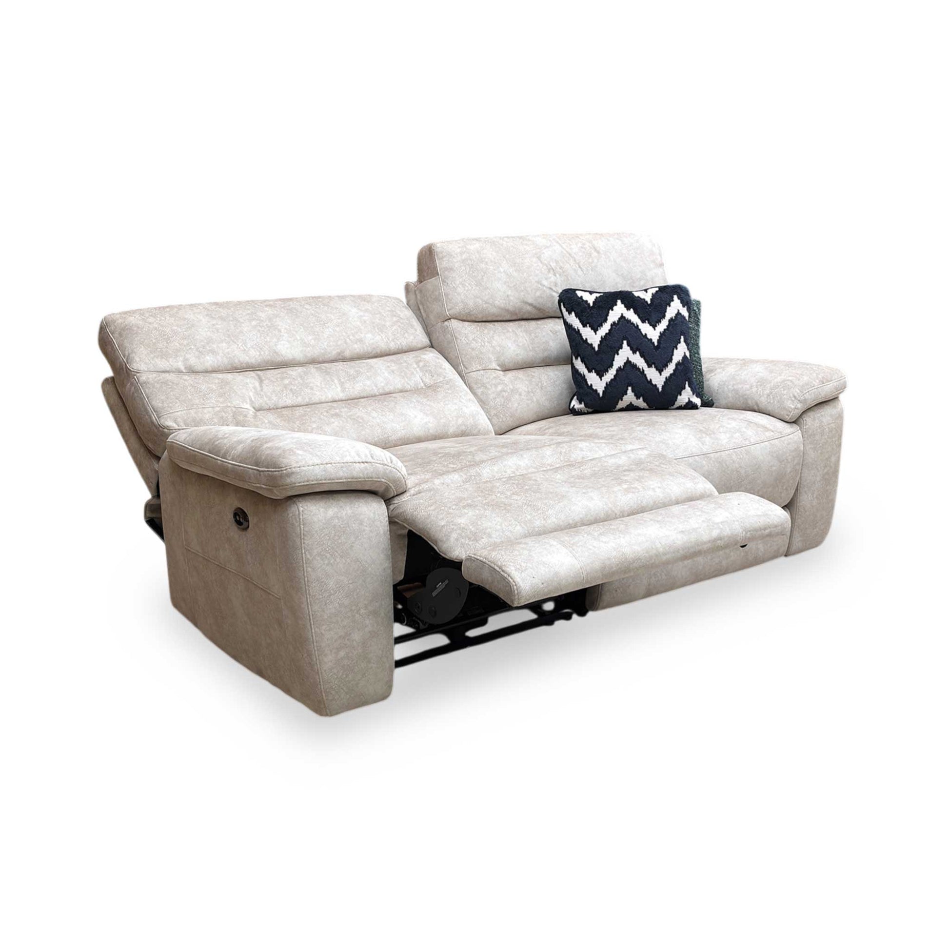 Full view of Comfort Story ‘Nimbus’ 3-seater power recliner sofa in cream velvet, featuring a contemporary design with generous curves and plush cushioning.