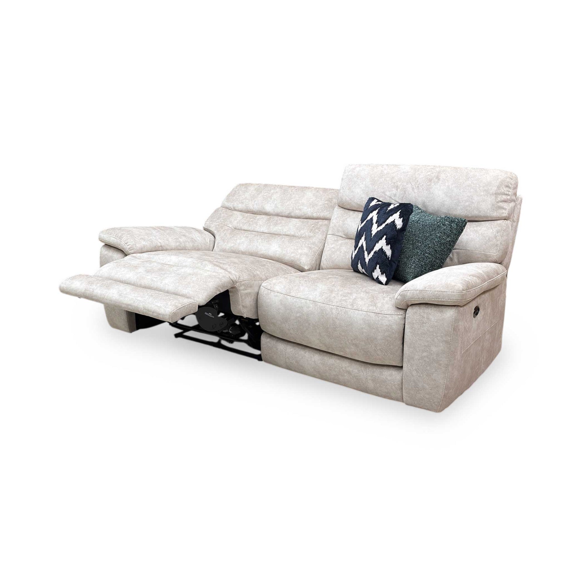 Side view of the Nimbus sofa, emphasizing the high-quality cream velvet upholstery and sophisticated curved armrests.