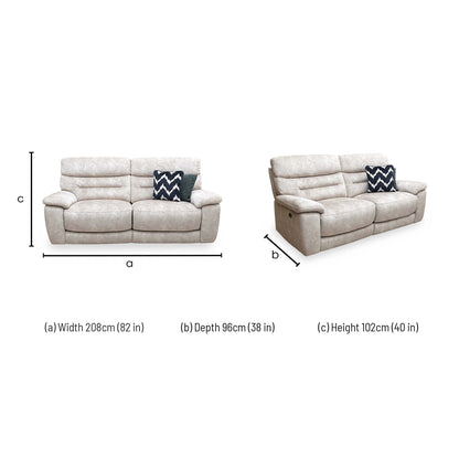Technical dimension diagram for the ‘Nimbus’ Cream Velvet 3-Seater Power Recliner Sofa.