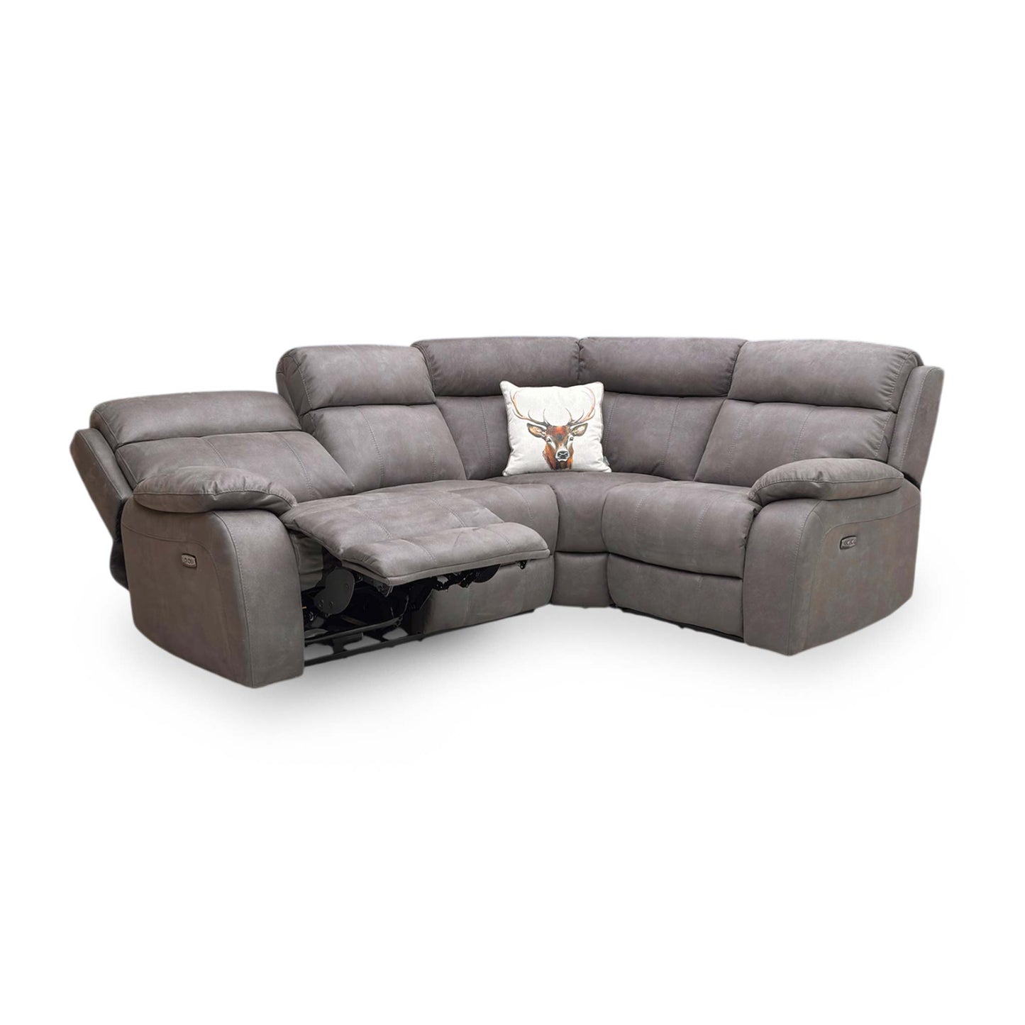 Full view of the ‘Moreno’ Right Hand Facing Power Recliner Corner Sofa in Grey Suede fabric, featuring a modern modular design with plush cushioning and a sleek silhouette.