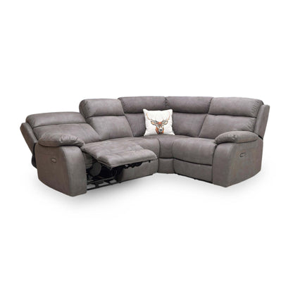 Full view of the ‘Moreno’ Right Hand Facing Power Recliner Corner Sofa in Grey Suede fabric, featuring a modern modular design with plush cushioning and a sleek silhouette.