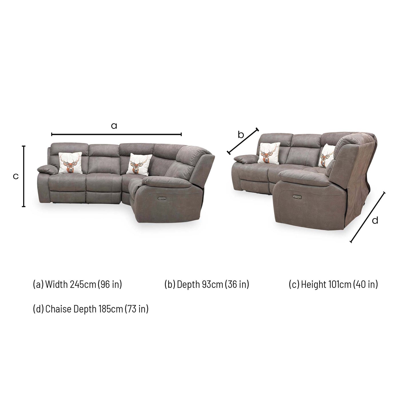 Technical dimension diagram for the ‘Moreno’ Grey Suede Power Recliner Corner Sofa.
