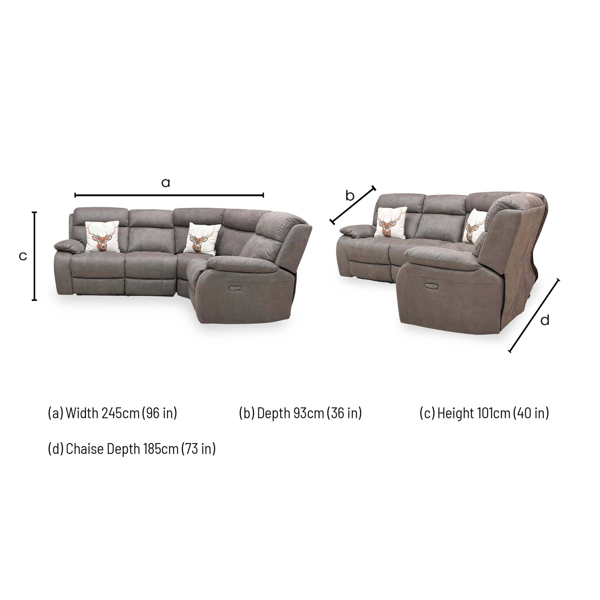 Technical dimension diagram for the ‘Moreno’ Grey Suede Power Recliner Corner Sofa.