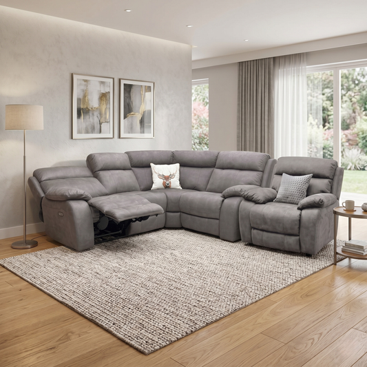 ‘Moreno’ Bfa-Blj-R16 Grey Suede Fabric Right Hand Facing Power Recliner Corner Sofa with Armchair