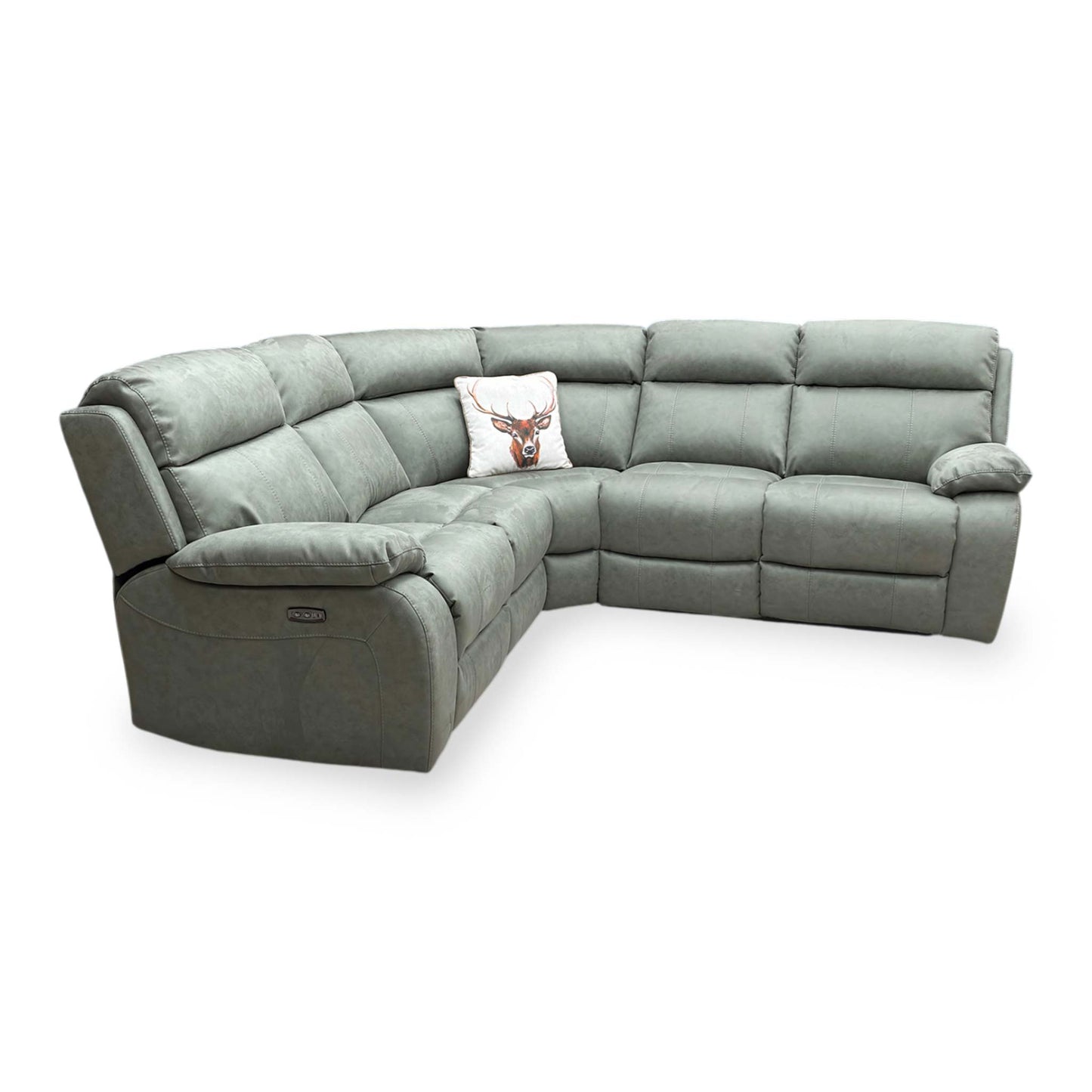 Side perspective of the Moreno 2-corner-2 sofa, showcasing the deep olive green tone and the plush, supportive lumbar cushioning.