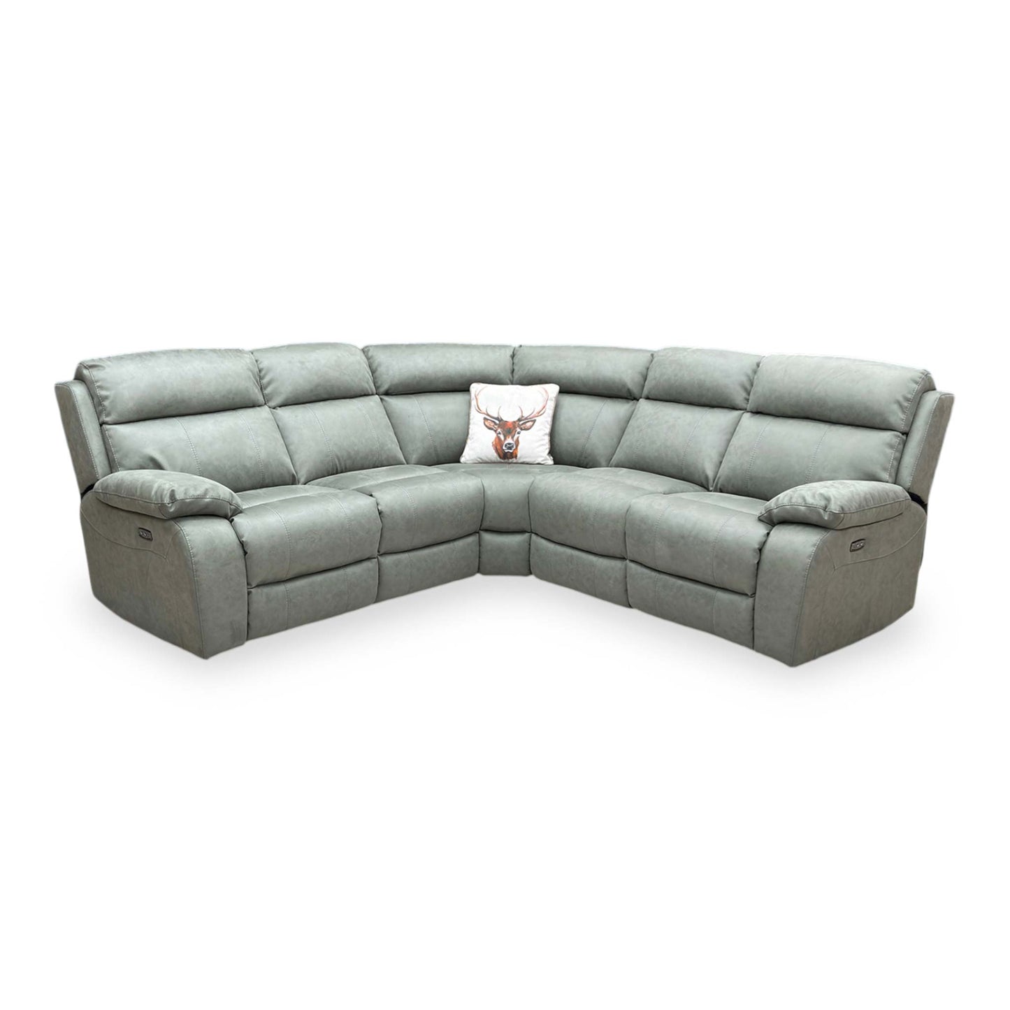 Front view of the corner section, illustrating the spacious seating and the neat, stylish stitching across the soft suede-effect upholstery.
