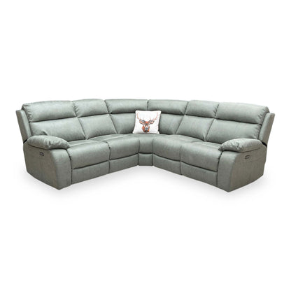Front view of the corner section, illustrating the spacious seating and the neat, stylish stitching across the soft suede-effect upholstery.