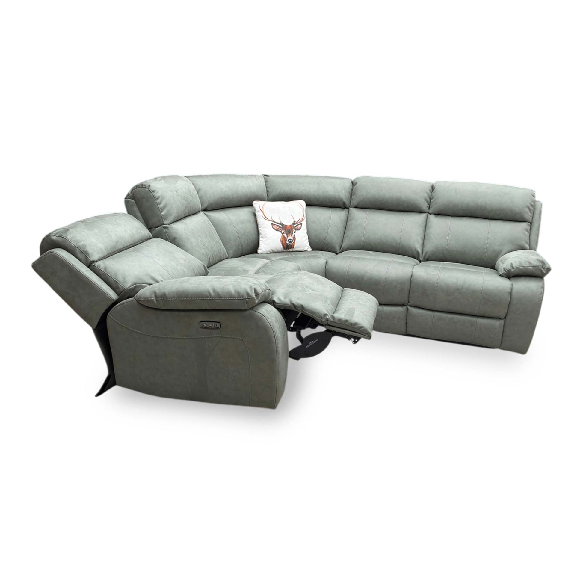 Full view of the Furniture Village ‘Moreno’ 2-corner-2 power recliner sofa in Olive Green suede fabric, featuring a symmetrical corner design with a high back and cushioned headrests.