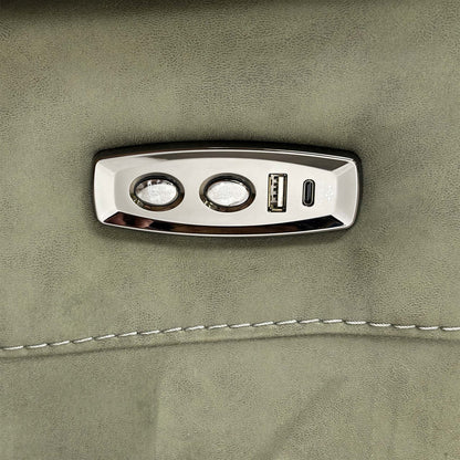 Close up view of the integrated power controls on the sofa arm, featuring the reclining buttons and a built-in USB port for convenient device charging.