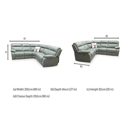 Technical dimension diagram for the ‘Moreno’ Olive Green 2-Corner-2 Power Recliner Sofa