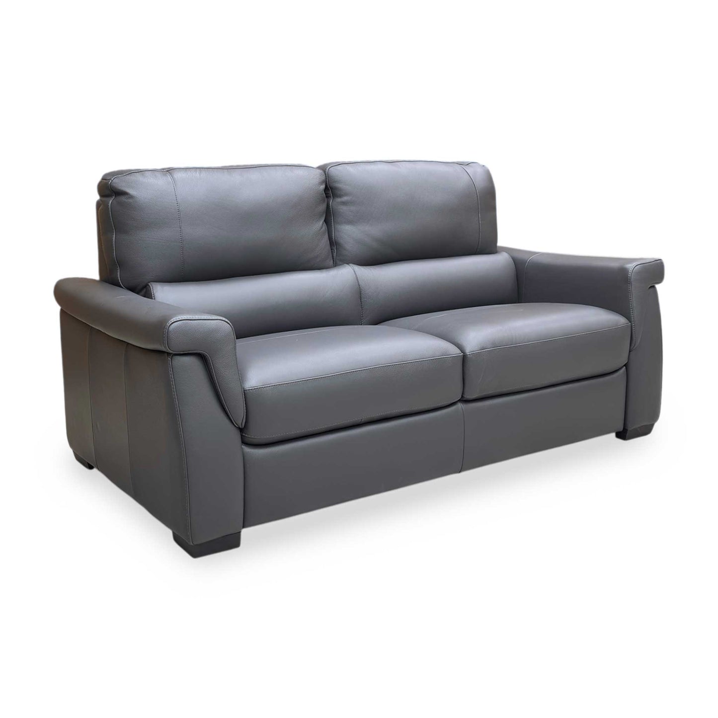 Full view of the Furniture Village ‘Amore’ 3-seater sofa in Medium Grey Cat-50 leather, featuring a contemporary design with sleek lines and generous seating for three.