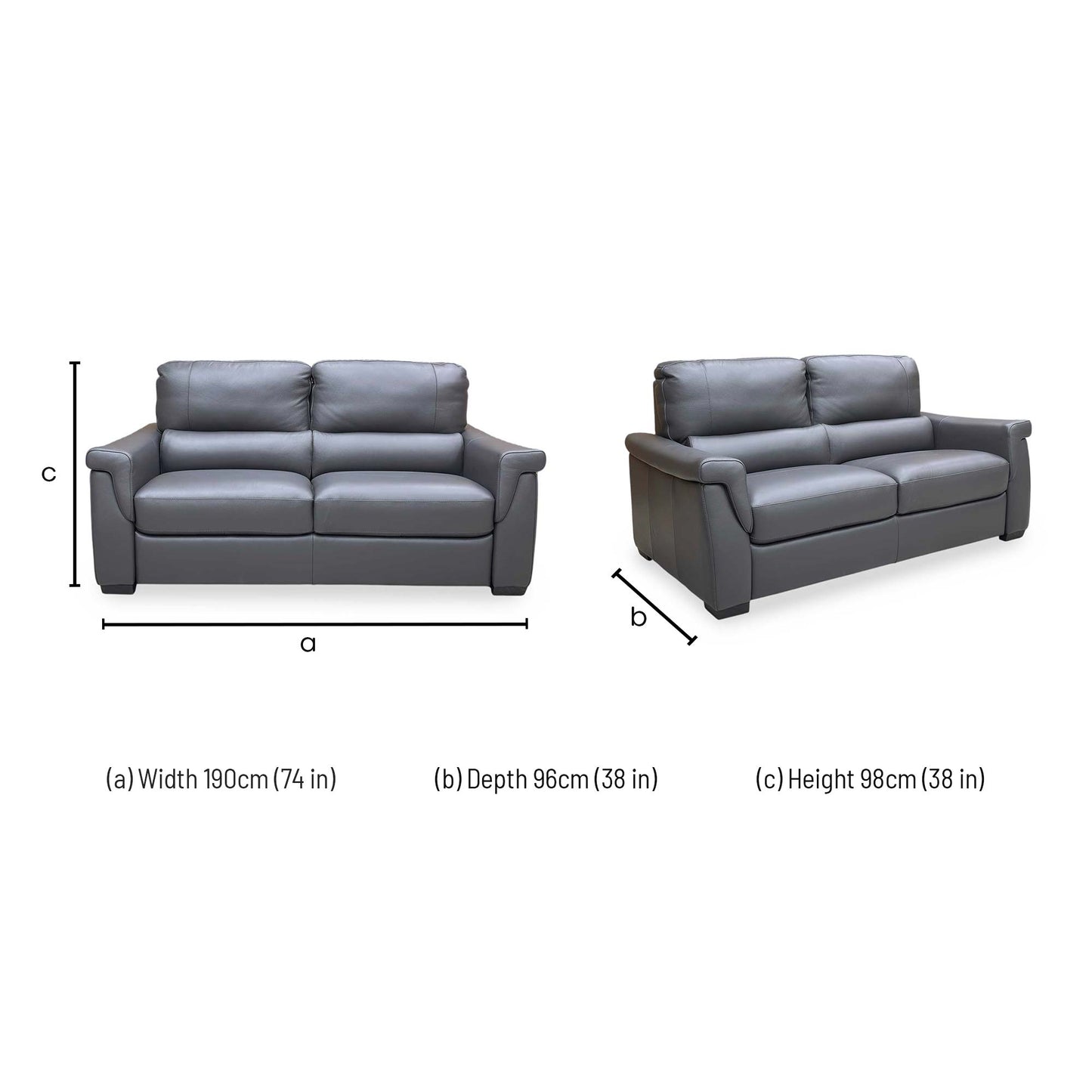 Technical dimension diagram for the ‘Amore’ Medium Grey Leather 3-Seater Sofa.