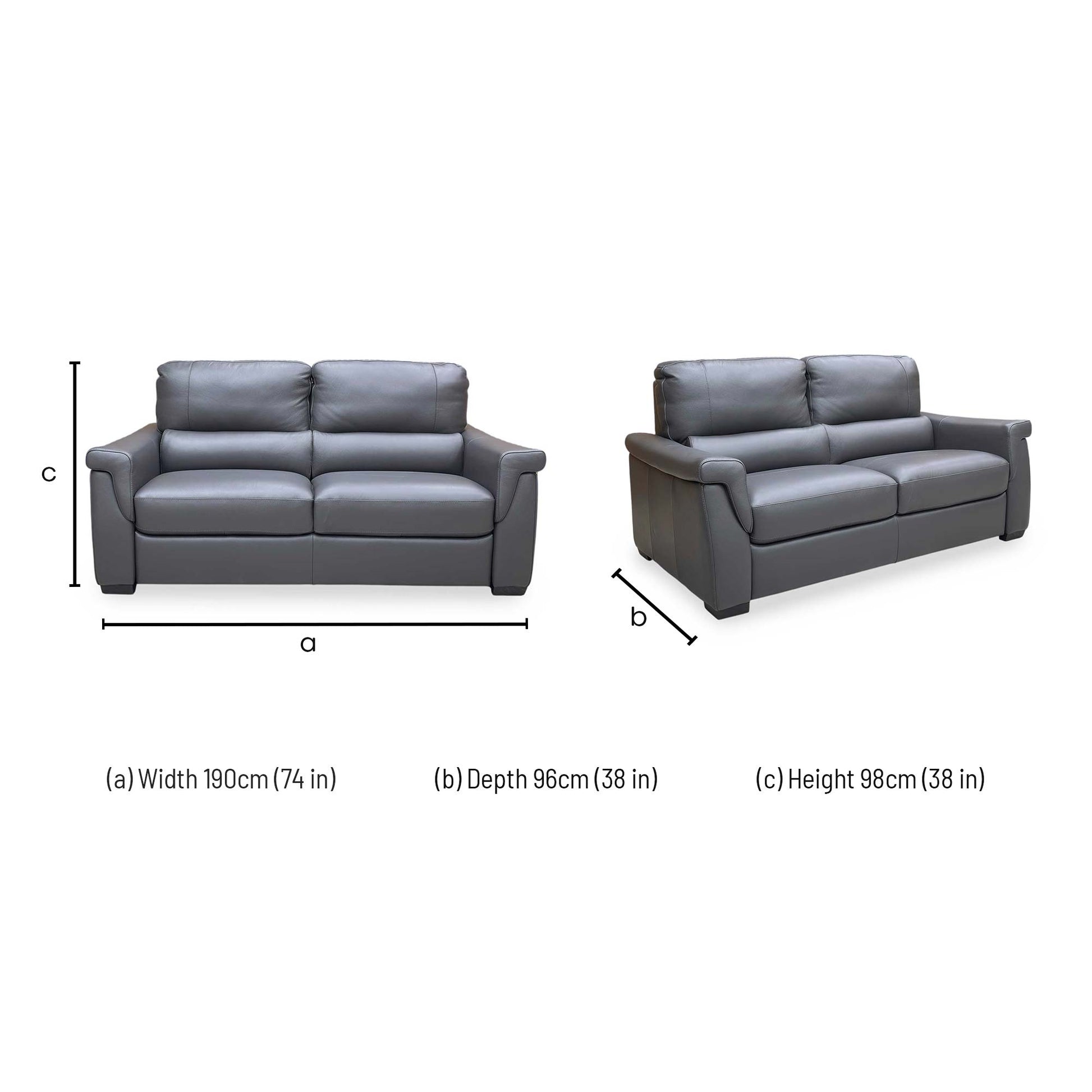 Technical dimension diagram for the ‘Amore’ Medium Grey Leather 3-Seater Sofa.