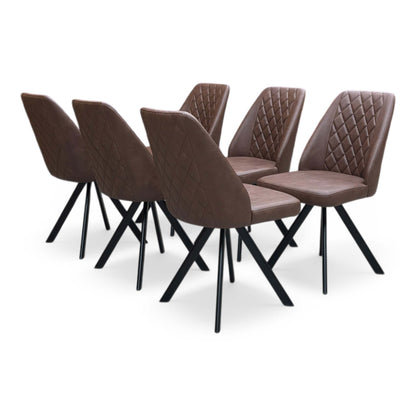 Full view of Furniture Village ‘Jupiter’ set of 6 tan brown faux leather swivel dining chairs with black metal legs.