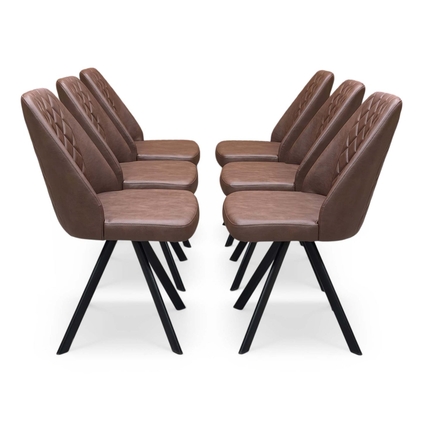 Front view of the Jupiter tan brown swivel chair, showcasing the stylish curved silhouette and elegant quilted-effect stitching.
