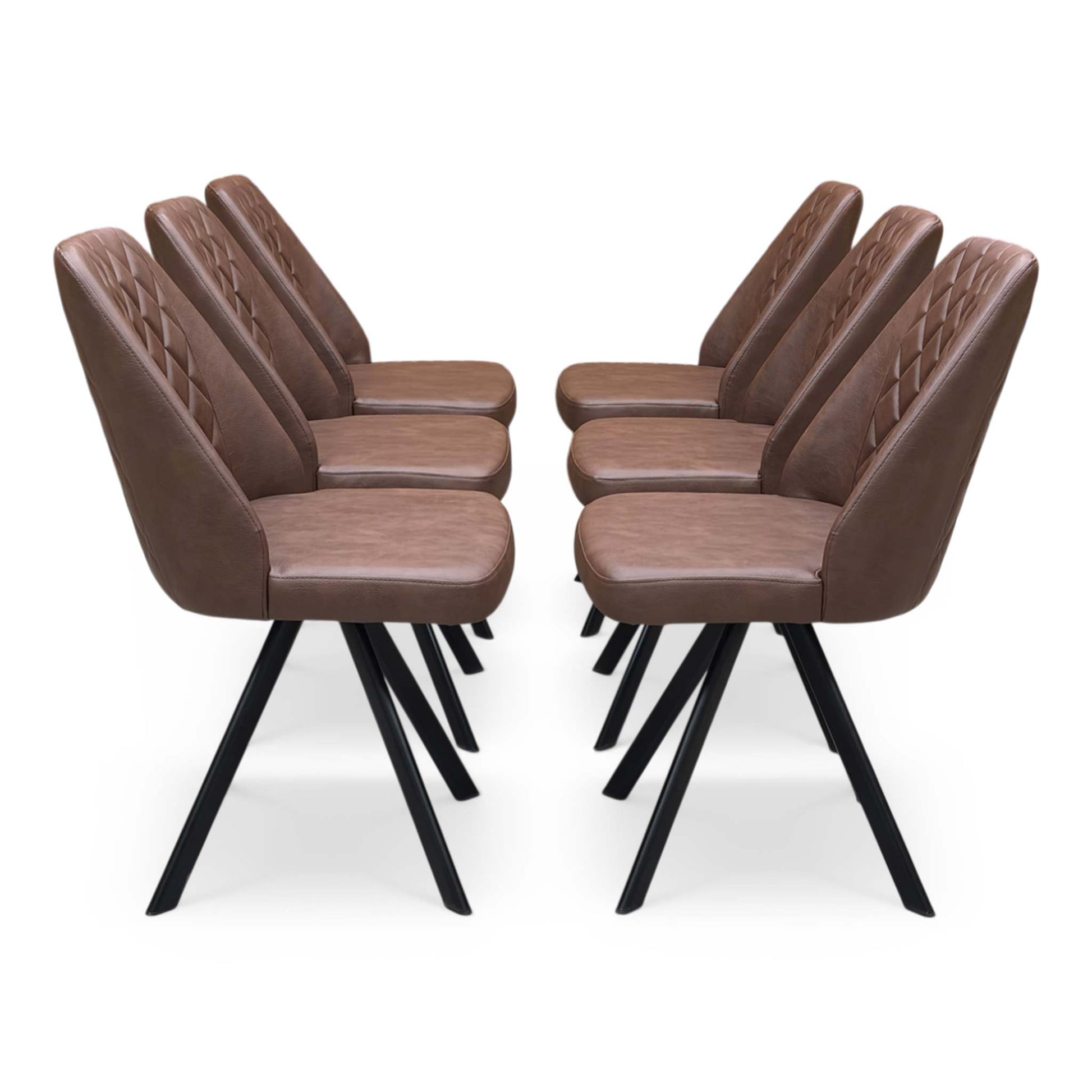 Front view of the Jupiter tan brown swivel chair, showcasing the stylish curved silhouette and elegant quilted-effect stitching.