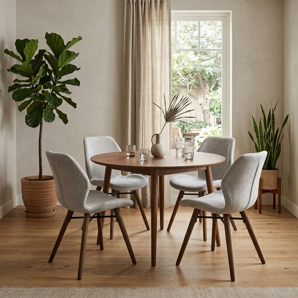 Living room view for image of the Stockholm dining chairs styled in a contemporary dining room with natural lighting.