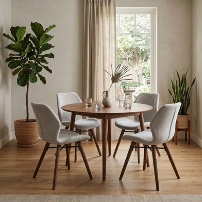 Living room view for image of the Stockholm dining chairs styled in a contemporary dining room with natural lighting.