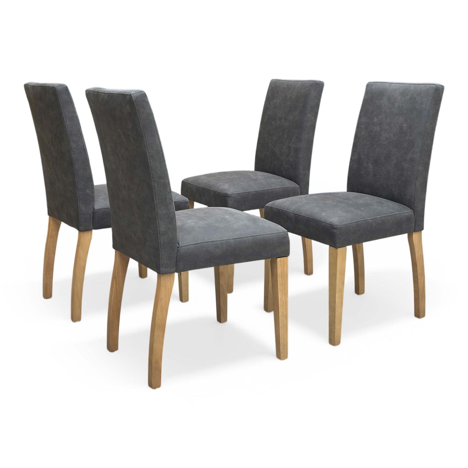 Full view of furniture Village ‘Augusta’ set of 4 upholstered dining chairs in Grey Cowboy nubuck-look fabric with rubberwood legs.