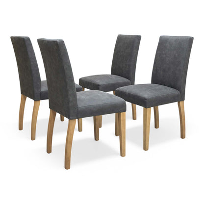 Full view of furniture Village ‘Augusta’ set of 4 upholstered dining chairs in Grey Cowboy nubuck-look fabric with rubberwood legs.