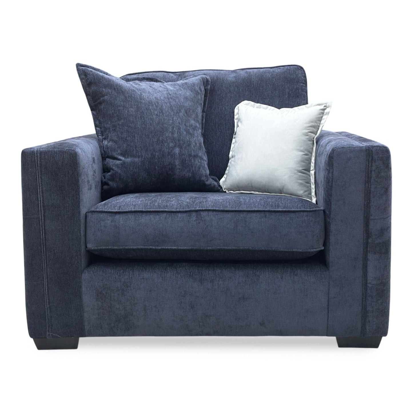 Front view of the Chelsea love chair, highlighting the rich texture of the denim blue chenille and the traditional curved silhouette.
