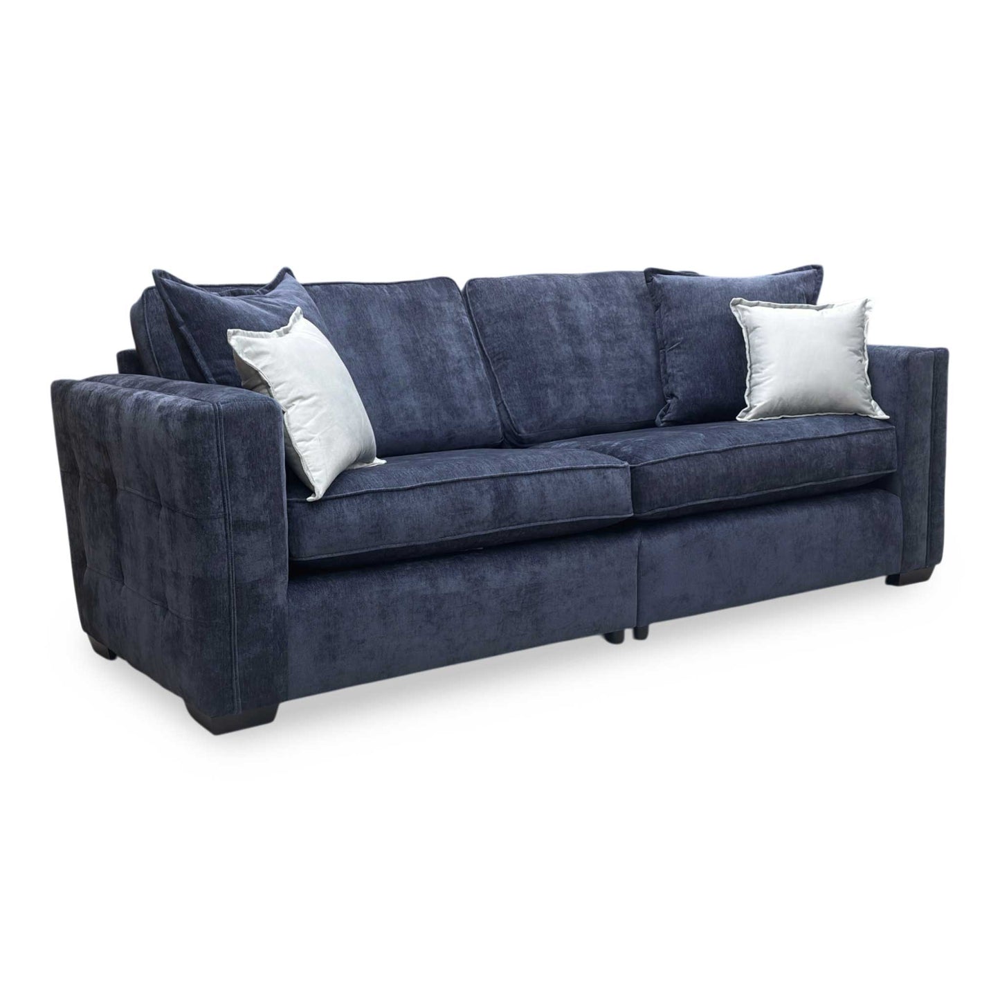 Full view of Thornbrook ‘Chelsea’ 4-seater split frame sofa in Derwent denim blue chenille fabric with a classic back.