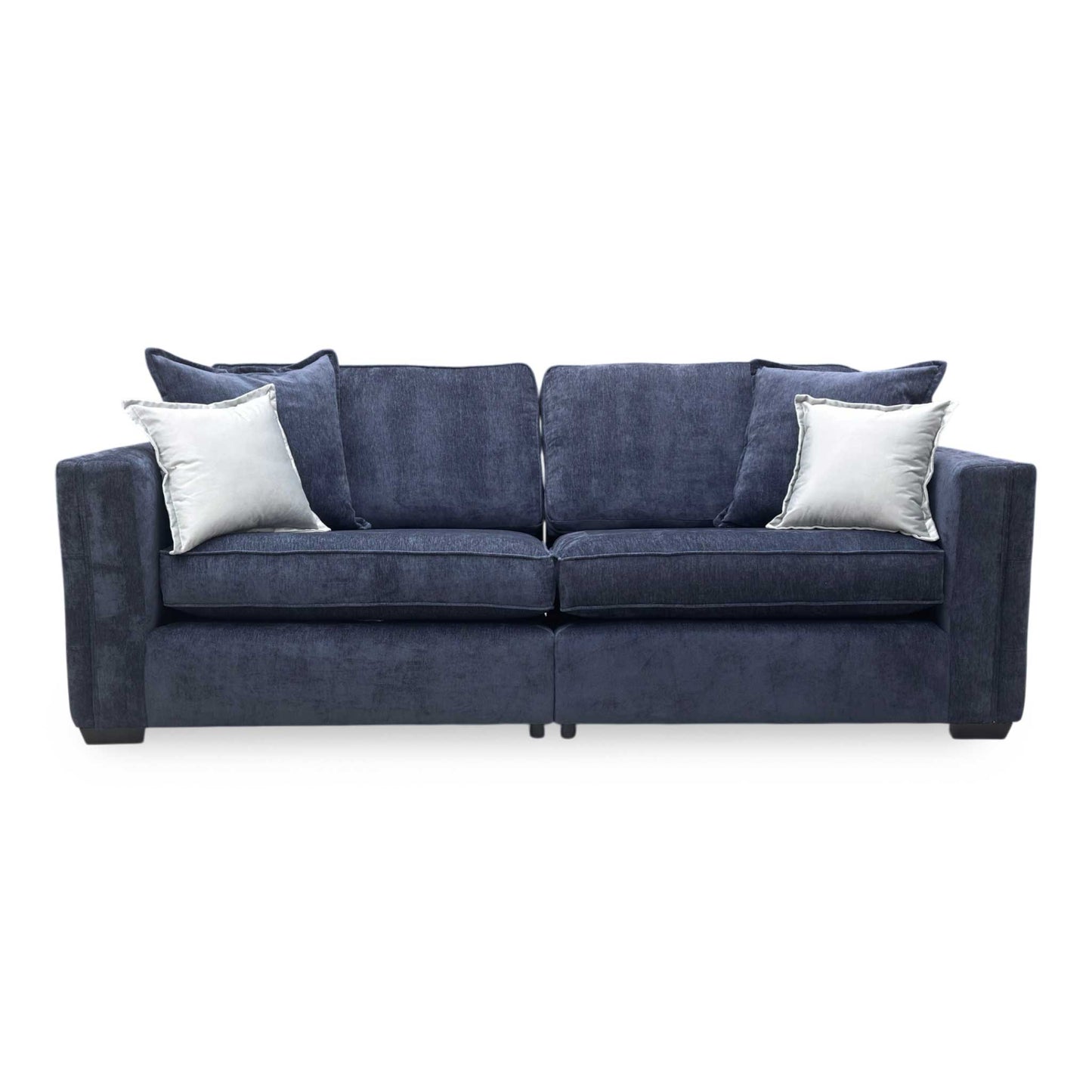 Front view of the Chelsea 4-seater sofa, featuring soft-touch denim blue chenille and a sturdy split frame design.